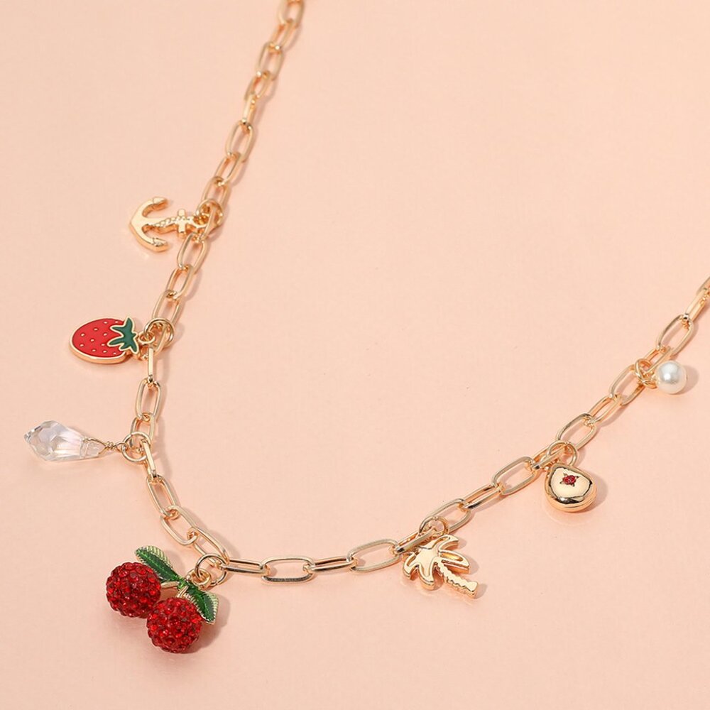 Summer Fun Fruit Strawberry Cherry Palm Anchor Rhinestone Gold Charm Necklace